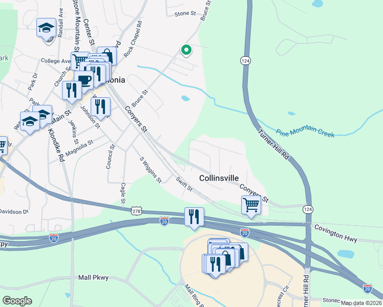map of restaurants, bars, coffee shops, grocery stores, and more near 7579 Conyers Street in Lithonia
