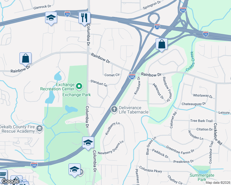 map of restaurants, bars, coffee shops, grocery stores, and more near 3460 Stardust Circle in Decatur