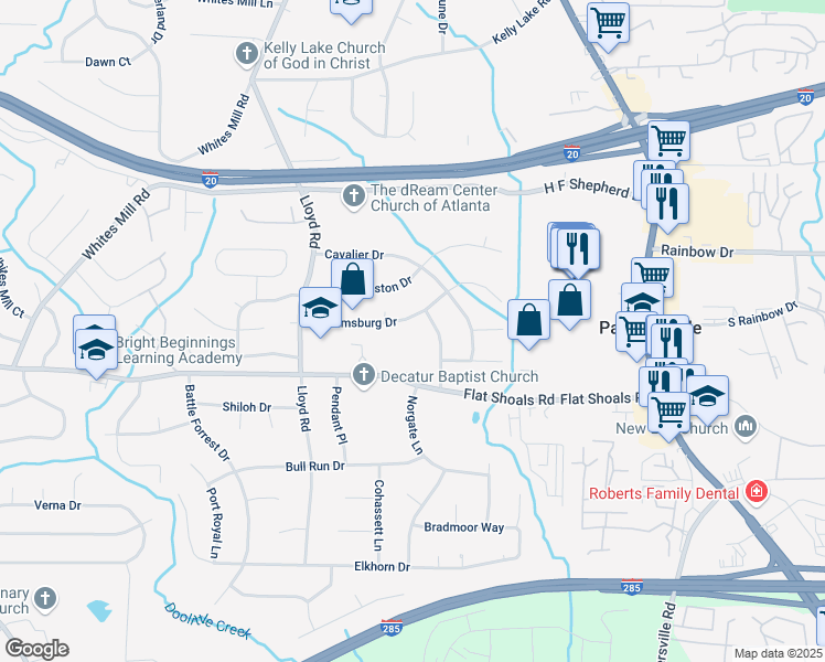 map of restaurants, bars, coffee shops, grocery stores, and more near 2653 Williamsburg Drive in Decatur