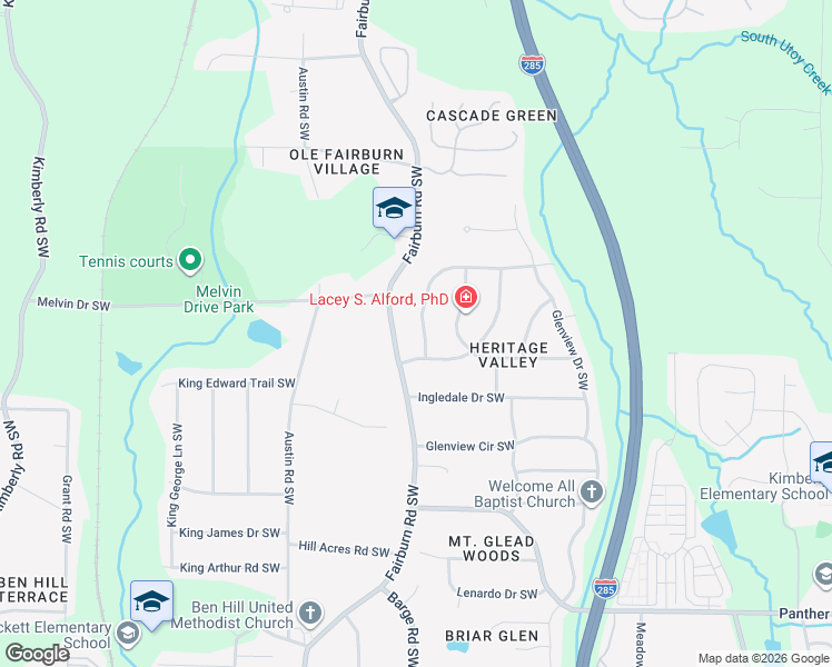 map of restaurants, bars, coffee shops, grocery stores, and more near 3577 Heritage Valley Road Southwest in Atlanta