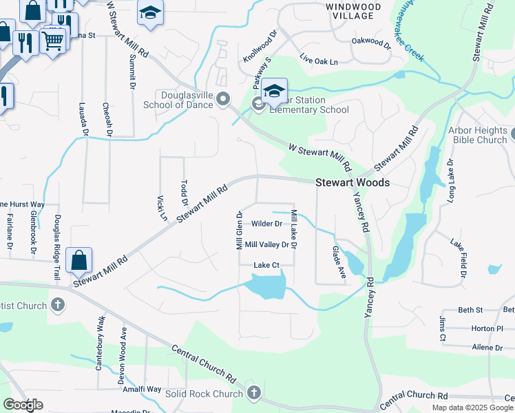 map of restaurants, bars, coffee shops, grocery stores, and more near Mill Lake Drive in Douglasville