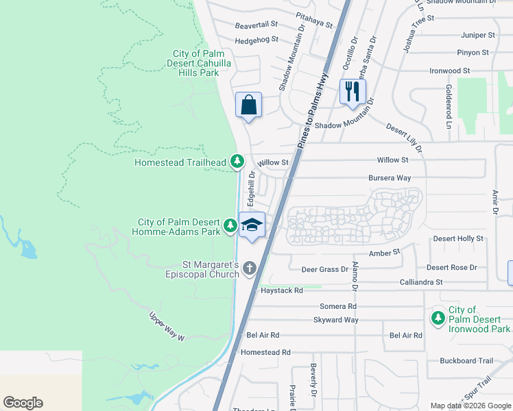 map of restaurants, bars, coffee shops, grocery stores, and more near 72644 Raven Road in Palm Desert