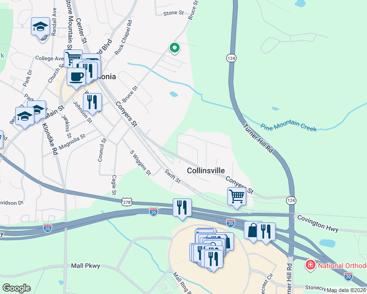 map of restaurants, bars, coffee shops, grocery stores, and more near 7534 Conyers Street in Lithonia