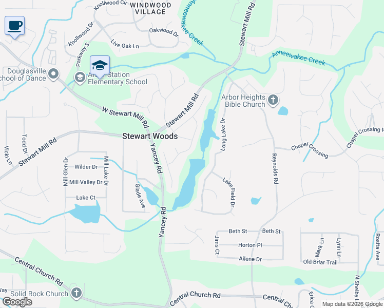map of restaurants, bars, coffee shops, grocery stores, and more near 3632 Lanier Drive in Douglasville