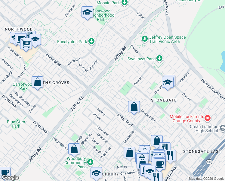 map of restaurants, bars, coffee shops, grocery stores, and more near 105 Gemstone in Irvine