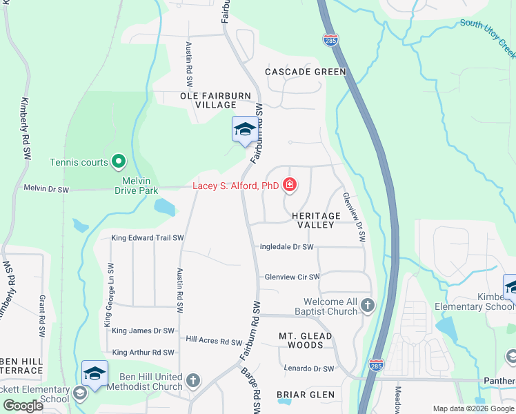 map of restaurants, bars, coffee shops, grocery stores, and more near 3577 Heritage Valley Road Southwest in Atlanta