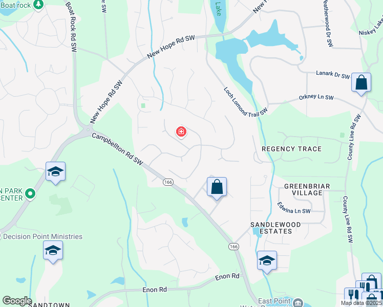 map of restaurants, bars, coffee shops, grocery stores, and more near 5055 Promenade Drive Southwest in Atlanta