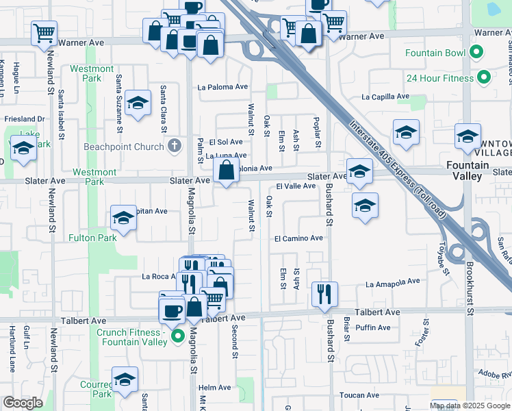 map of restaurants, bars, coffee shops, grocery stores, and more near 17648 Walnut Street in Fountain Valley