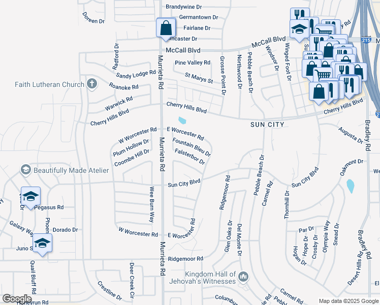 map of restaurants, bars, coffee shops, grocery stores, and more near 26270 Burlington Way in Menifee