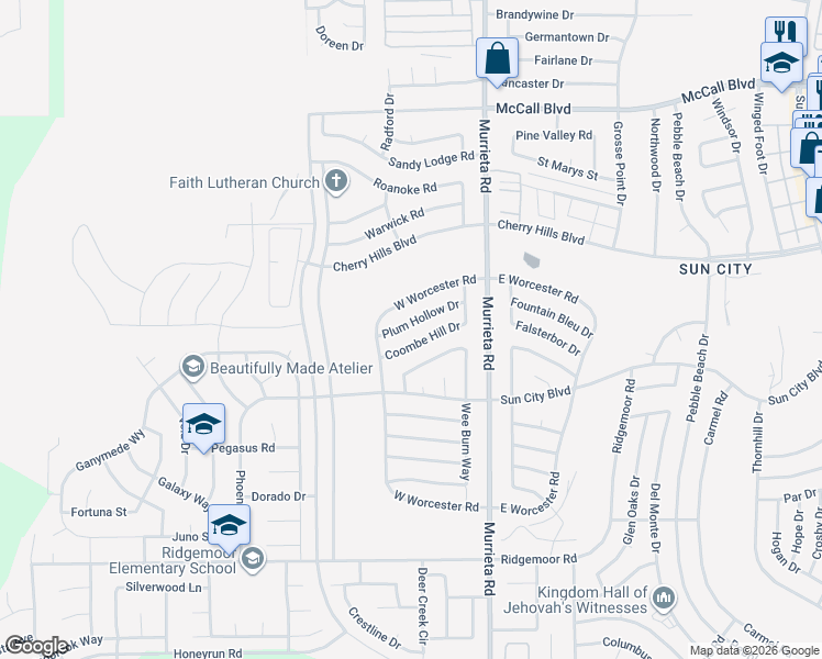 map of restaurants, bars, coffee shops, grocery stores, and more near 25793 Plum Hollow Drive in Menifee