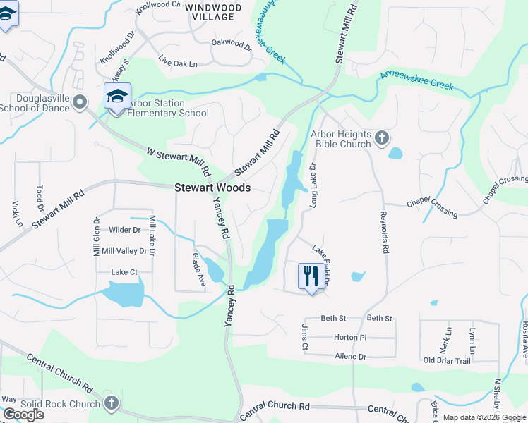 map of restaurants, bars, coffee shops, grocery stores, and more near 3632 Lanier Drive in Douglasville