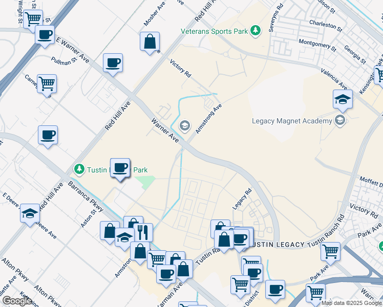 map of restaurants, bars, coffee shops, grocery stores, and more near 15991 Armstrong Avenue in Tustin