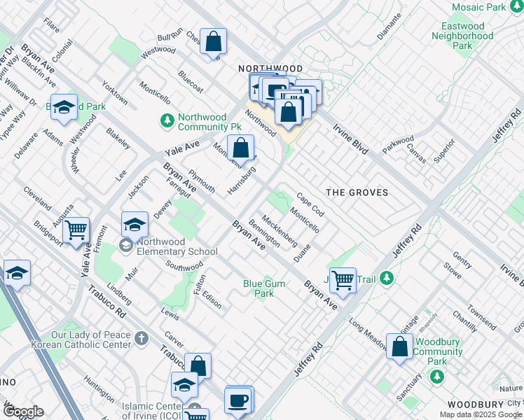 map of restaurants, bars, coffee shops, grocery stores, and more near 46 Bennington in Irvine