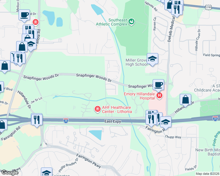 map of restaurants, bars, coffee shops, grocery stores, and more near 2642 Stonekey Bend in Lithonia