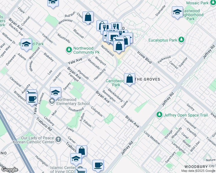 map of restaurants, bars, coffee shops, grocery stores, and more near 46 Bennington in Irvine