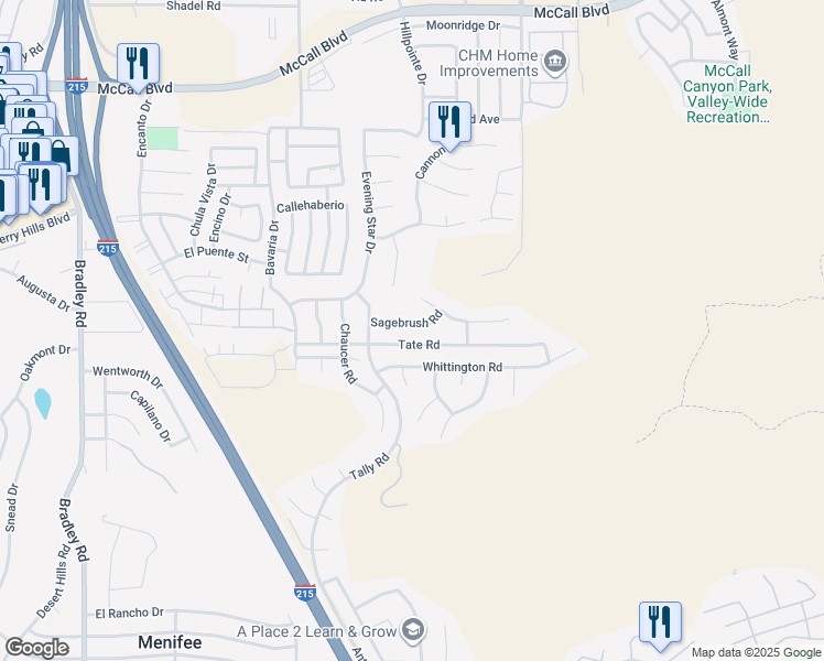 map of restaurants, bars, coffee shops, grocery stores, and more near 27759 Sagebrush Road in Menifee