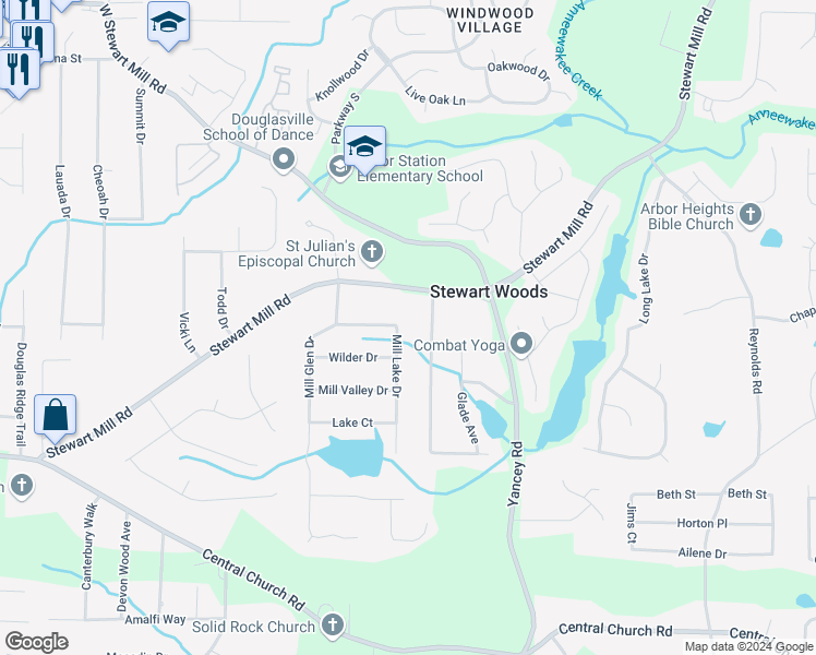 map of restaurants, bars, coffee shops, grocery stores, and more near 3613 Mill Lake Drive in Douglasville