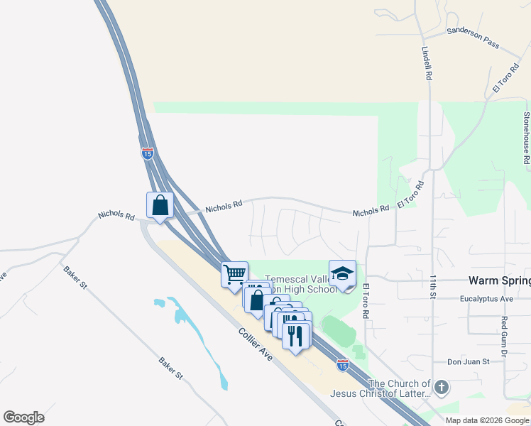 map of restaurants, bars, coffee shops, grocery stores, and more near 19516 Hanging Rock Road in Lake Elsinore