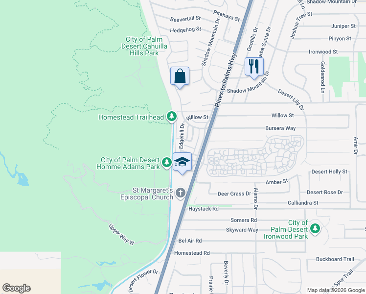 map of restaurants, bars, coffee shops, grocery stores, and more near 72664 Eagle Road in Palm Desert