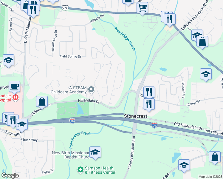 map of restaurants, bars, coffee shops, grocery stores, and more near 721 Hillandale Lane in Lithonia