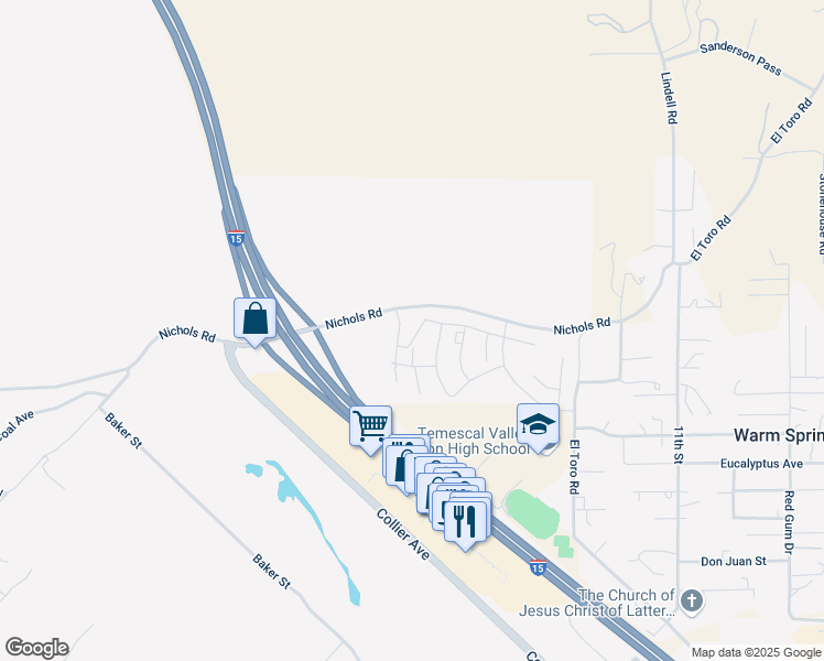 map of restaurants, bars, coffee shops, grocery stores, and more near 19513 Hanging Rock Road in Lake Elsinore