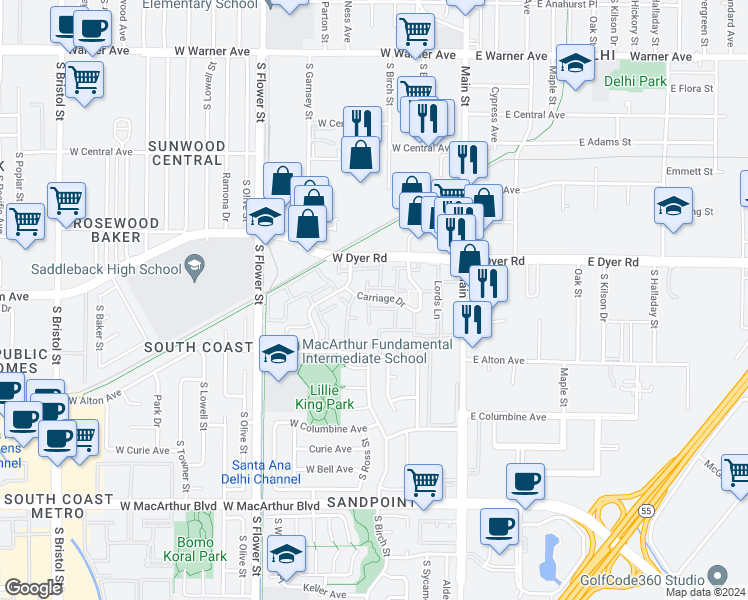 map of restaurants, bars, coffee shops, grocery stores, and more near 370 Carriage Drive in Santa Ana