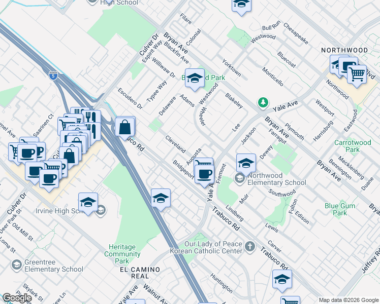 map of restaurants, bars, coffee shops, grocery stores, and more near 9 Jefferson in Irvine