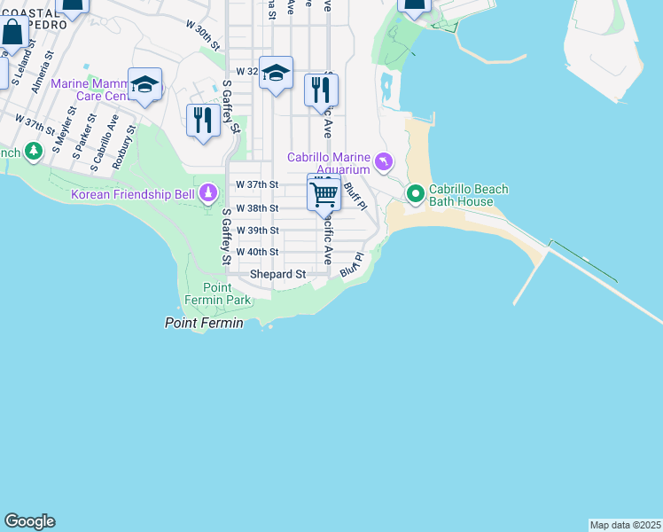 map of restaurants, bars, coffee shops, grocery stores, and more near 4034 South Pacific Avenue in San Pedro