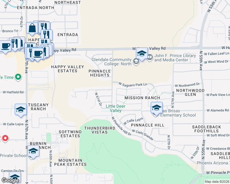 map of restaurants, bars, coffee shops, grocery stores, and more near 6028 West Questa Drive in Glendale