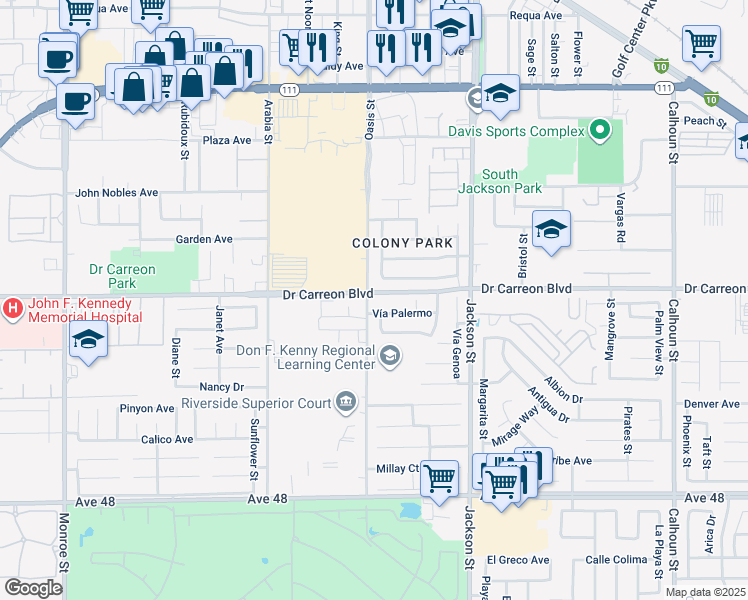 map of restaurants, bars, coffee shops, grocery stores, and more near 82763 Jamestown Avenue in Indio