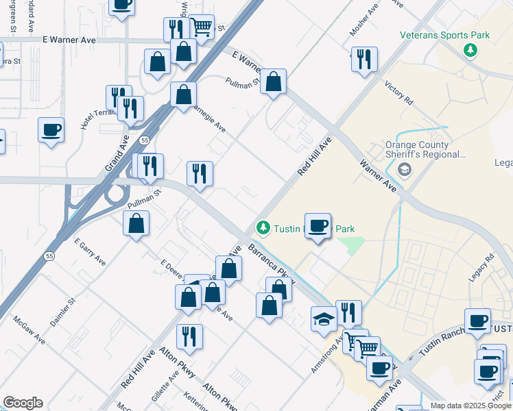 map of restaurants, bars, coffee shops, grocery stores, and more near 2550 Red Hill Avenue in Santa Ana