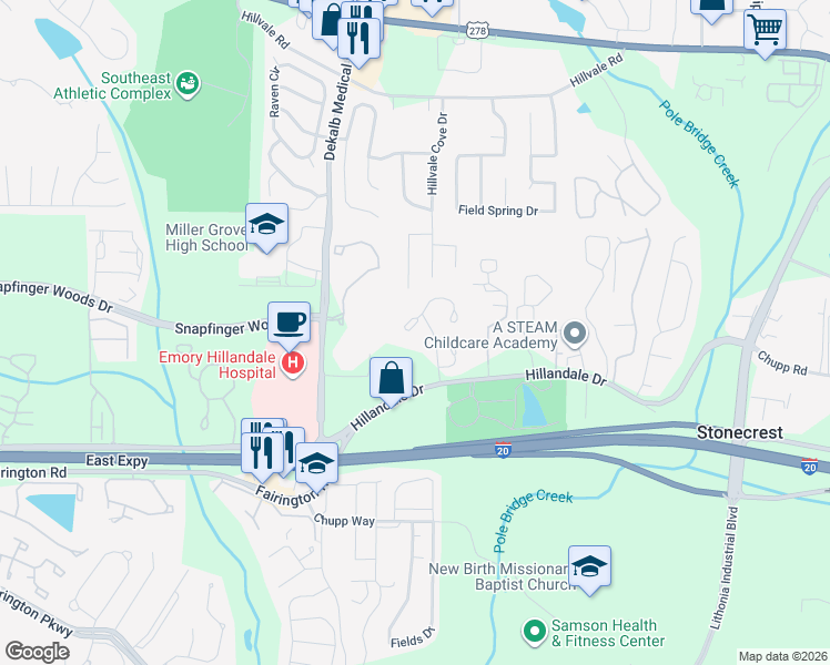 map of restaurants, bars, coffee shops, grocery stores, and more near 5918 Sutcliff Square in Lithonia