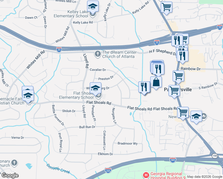 map of restaurants, bars, coffee shops, grocery stores, and more near 2635 Preston Drive in Decatur