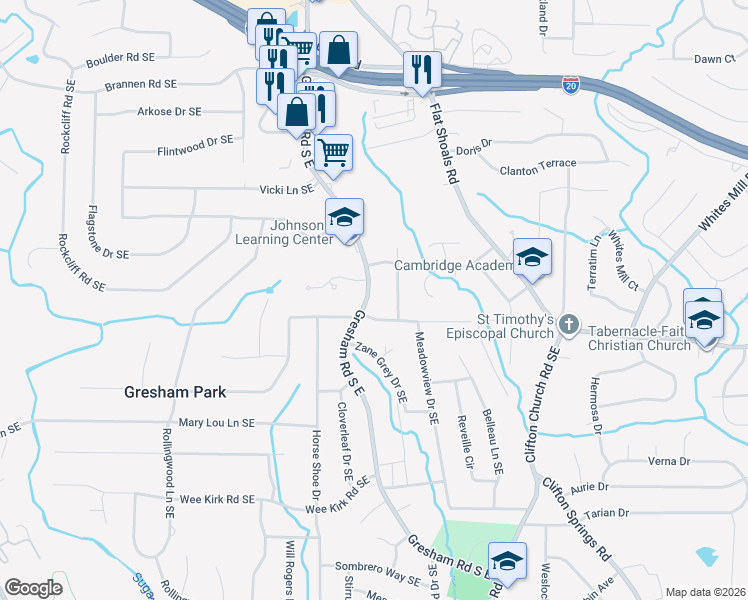 map of restaurants, bars, coffee shops, grocery stores, and more near 2738 Gresham Road South East in Atlanta