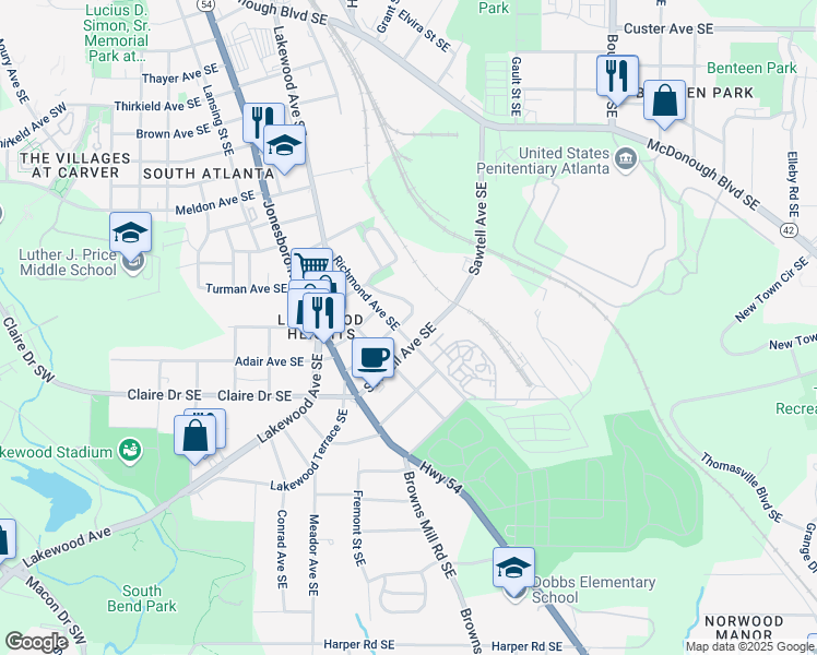 map of restaurants, bars, coffee shops, grocery stores, and more near 1132 Oak Knoll Terrace Southeast in Atlanta