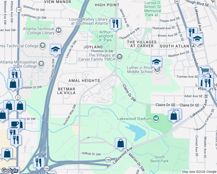 map of restaurants, bars, coffee shops, grocery stores, and more near 214 Amal Drive Southwest in Atlanta