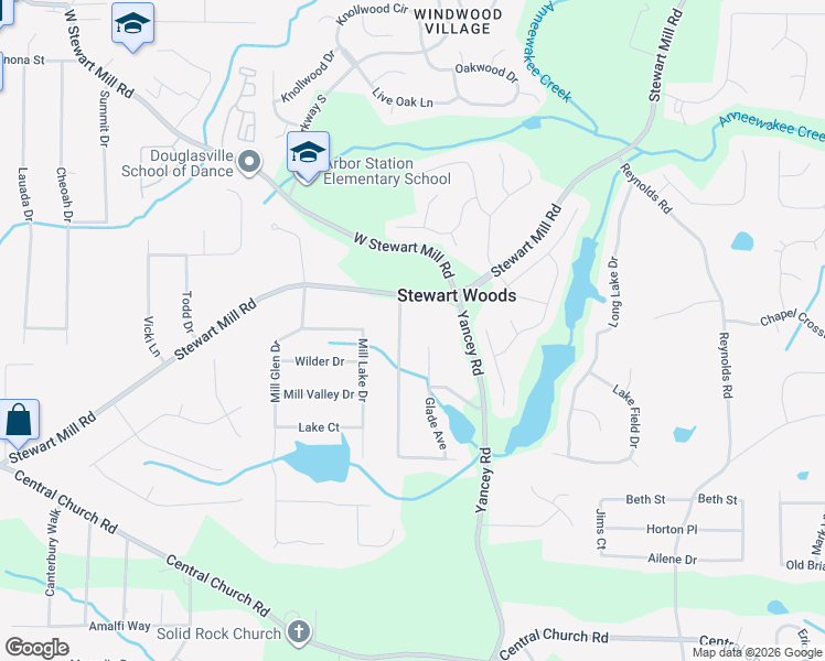 map of restaurants, bars, coffee shops, grocery stores, and more near 5552 Stewart Woods Drive in Douglasville