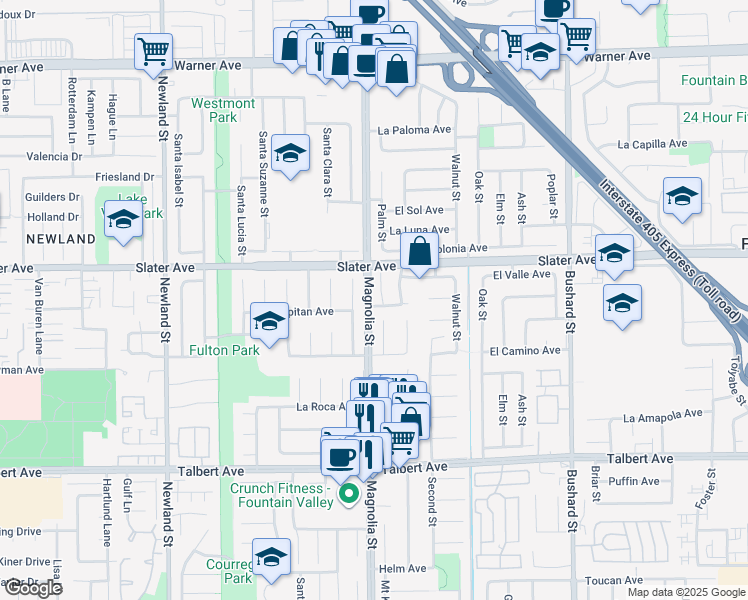 map of restaurants, bars, coffee shops, grocery stores, and more near 9015 La Linda Avenue in Fountain Valley