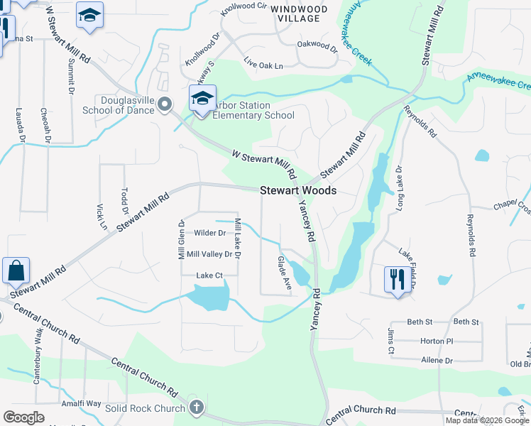 map of restaurants, bars, coffee shops, grocery stores, and more near 5552 Stewart Woods Drive in Douglasville