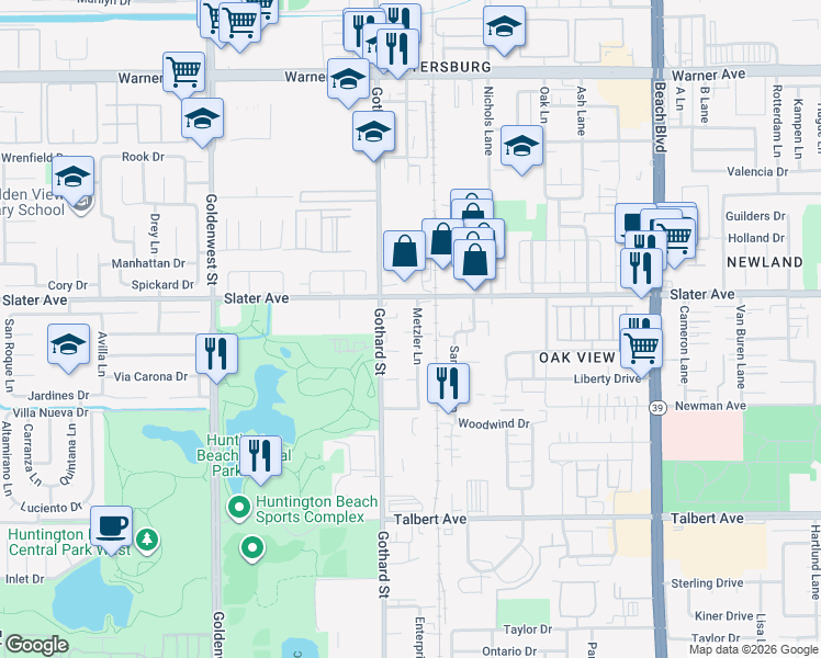 map of restaurants, bars, coffee shops, grocery stores, and more near 17531 Metzler Lane in Huntington Beach