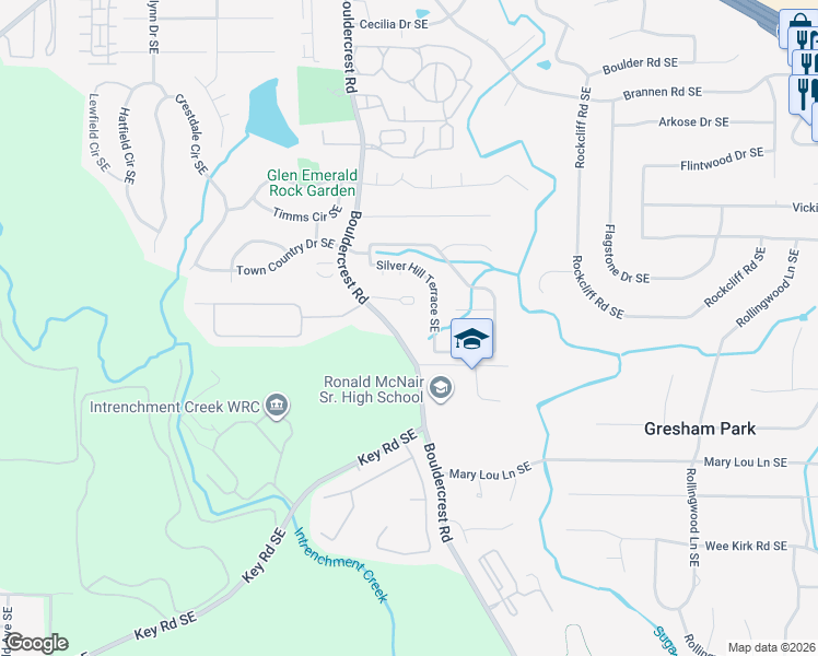 map of restaurants, bars, coffee shops, grocery stores, and more near 3048 Silver Hill Terrace Southeast in Atlanta