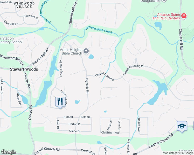 map of restaurants, bars, coffee shops, grocery stores, and more near 4906 Tree Tops Drive in Douglasville