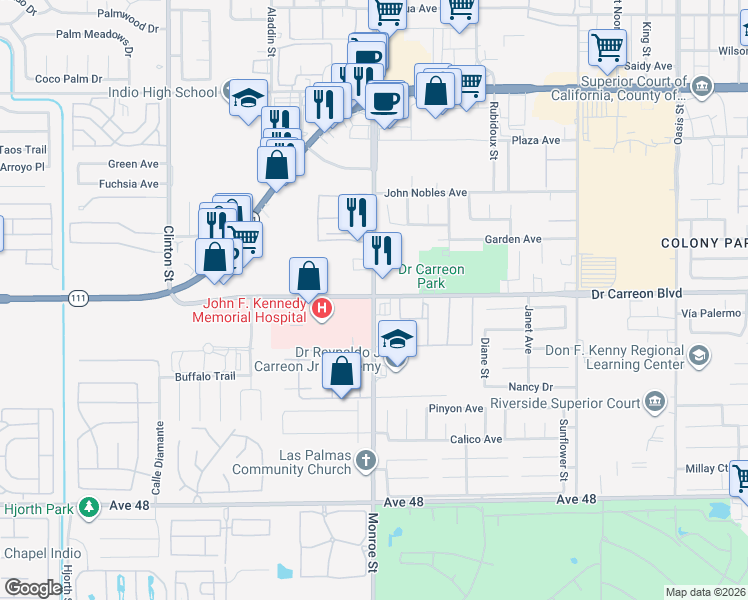 map of restaurants, bars, coffee shops, grocery stores, and more near 46-900 Monroe Street in Indio