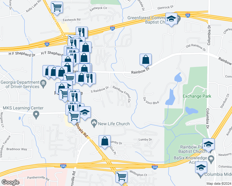 map of restaurants, bars, coffee shops, grocery stores, and more near 3038 Western Sunset in Decatur