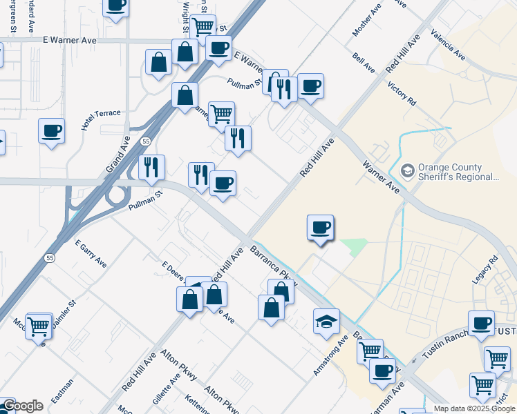 map of restaurants, bars, coffee shops, grocery stores, and more near 2590 Red Hill Avenue in Santa Ana