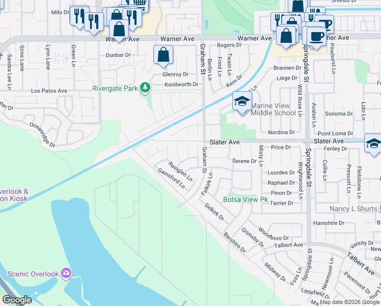map of restaurants, bars, coffee shops, grocery stores, and more near 17552 Putney Circle in Huntington Beach