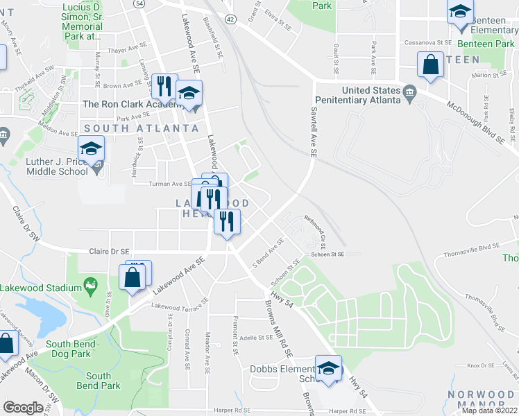 map of restaurants, bars, coffee shops, grocery stores, and more near Richmond Avenue Southeast in Atlanta