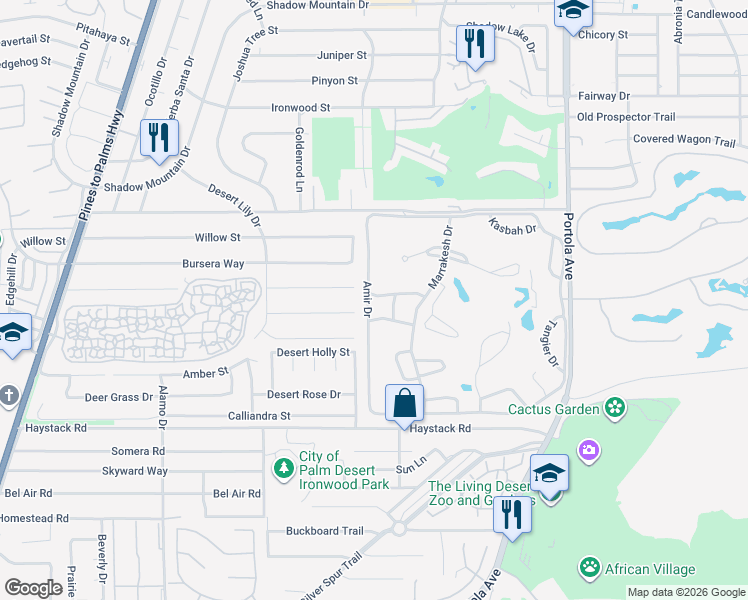 map of restaurants, bars, coffee shops, grocery stores, and more near 46920 Amir Drive in Palm Desert