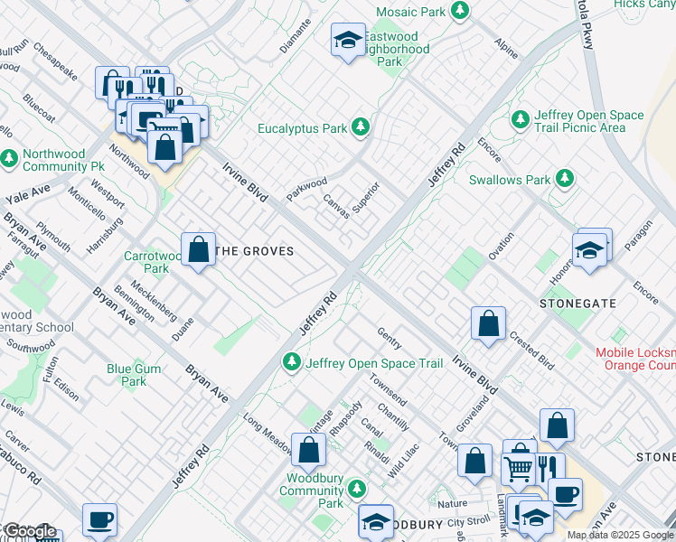 map of restaurants, bars, coffee shops, grocery stores, and more near 5200 Irvine Boulevard in Irvine