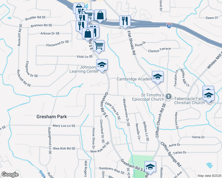 map of restaurants, bars, coffee shops, grocery stores, and more near 2738 Gresham Road South East in Atlanta